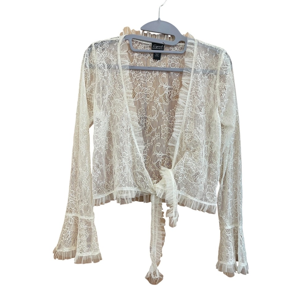 Cejon Floral Lace Wrap Long Bell Sleeves Ruffle Trim Cream Lg Romantic Fairycore